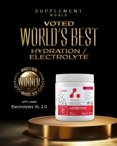 ATP Labs Electrolytes XL 2.0  at Supplement World on a gold platform with 'voted World's Best Hydration / Electrolyte' 2025 award winner text and award logo.