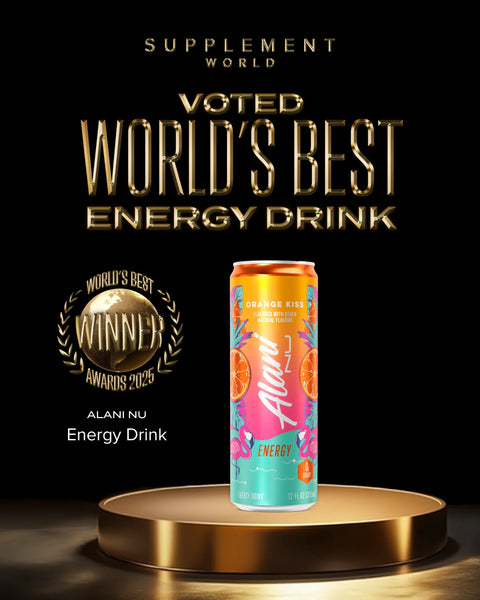 Alani Nu energy drink can on a pedestal at Supplement World with 'voted World's Best Energy Drink' 2025 Award Winner text and award logo on a black background