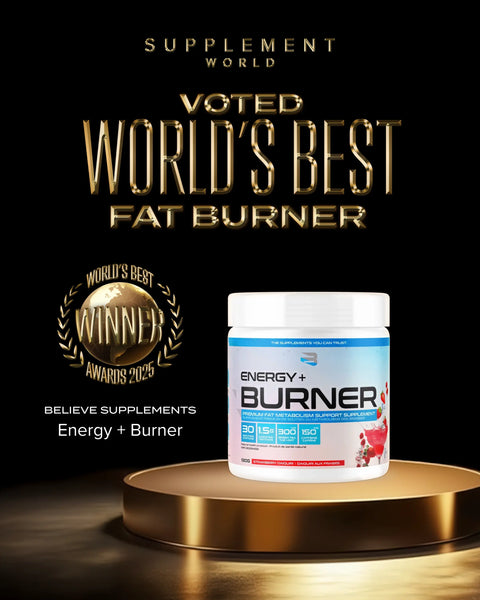 Believe Energy + Burner Fat Burner at Supplement World on a gold platform with 'voted World's Best Fat Burner' 2025 award winner text and award logo.