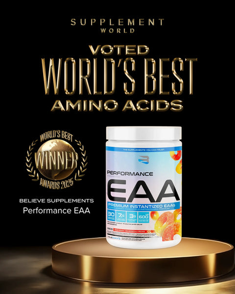 Supplement World Believe Performance EAA  with gold award text 'voted World's Best Amino Acids' 2025 Award Winner on a black background