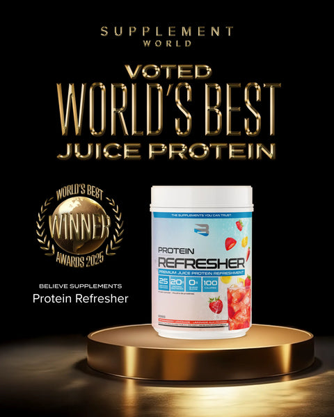 Believe Protein Refresher Protein Powder at Supplement World on a gold platform with 'voted World's Best Juice Protein' 2025 award winner text and award logo.