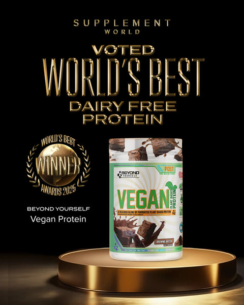 Beyond Yourself Vegan protein powder at Supplement World on a gold platform with 'voted World's Best Dairy Free Protein' 2025 award winner text and award logo.