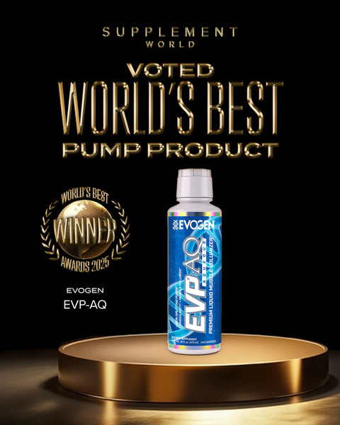 EVOGEN EVP-AQ supplement bottle on a gold platform with 'World's Best Pump Product 2025' text on a black background