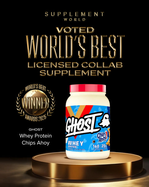 Ghost Whey Protein Chips Ahoy at Supplement World on a gold platform with 'voted World's Best Licensed Collab' 2025 award winner text and award logo.