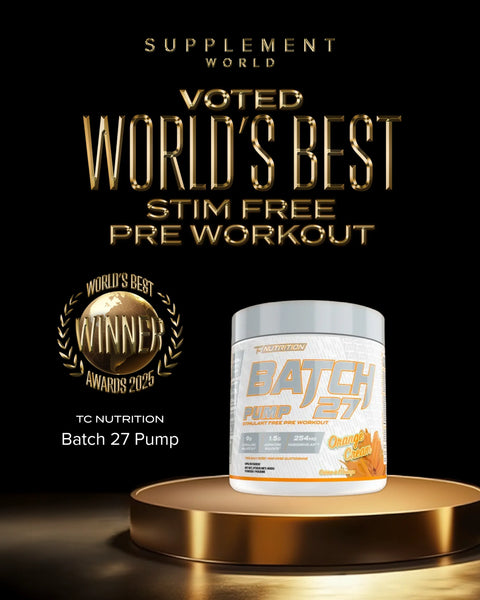 TC Nutrition Batch 27 pre workout at Supplement World on a gold platform with 'voted World's Stim Free Pre Workout' 2025 award winner text and award logo.